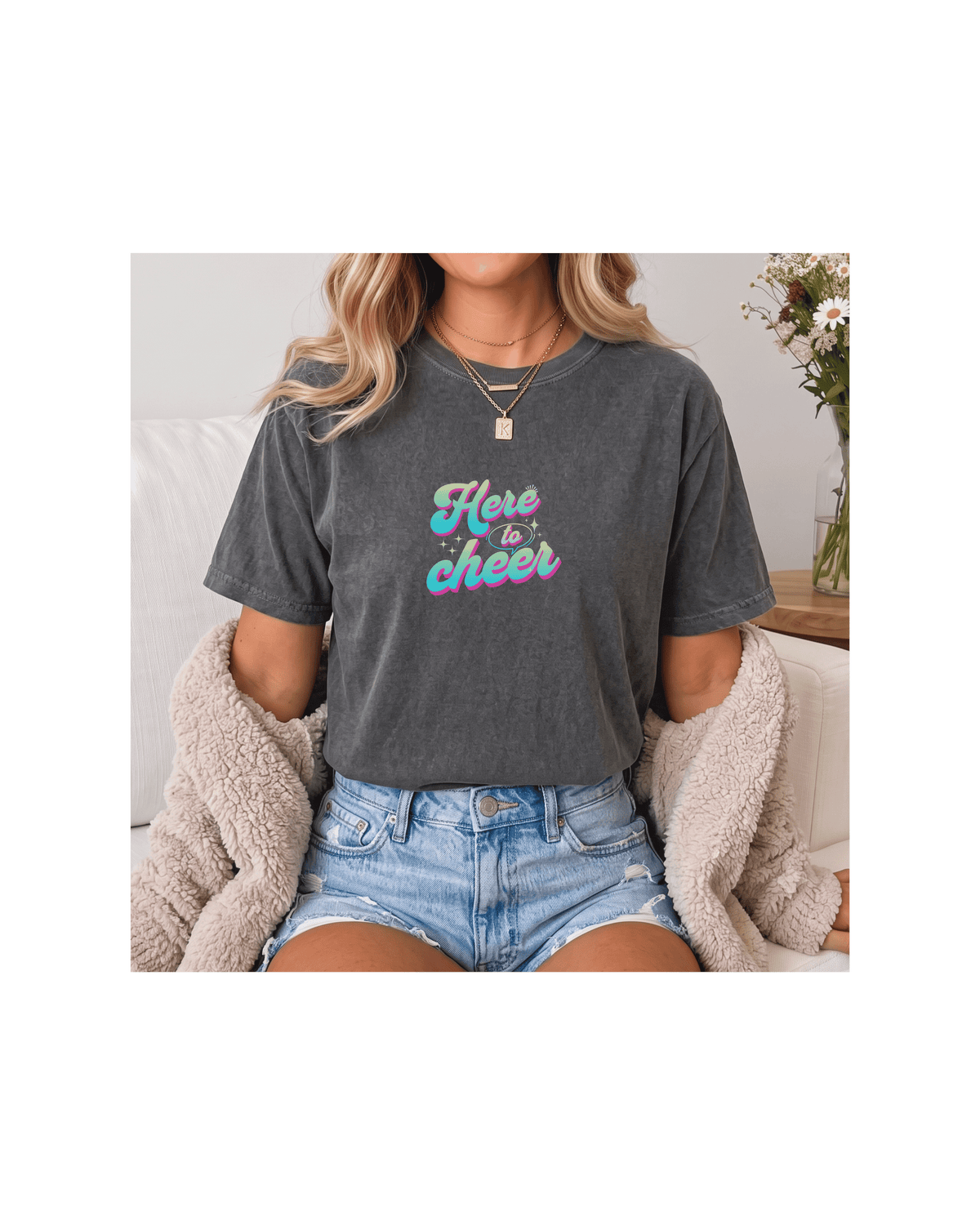 Here to Cheer Comfort Colors Tee | Colorful Sports Mom Shirt