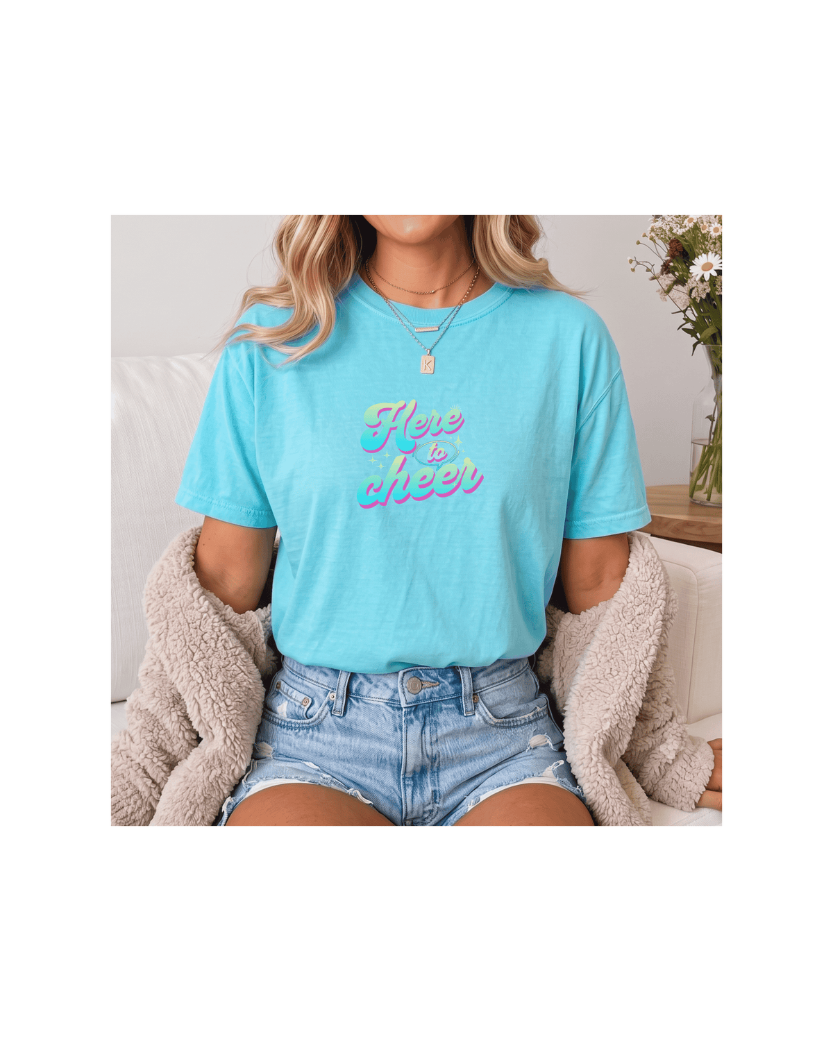 Here to Cheer Comfort Colors Tee | Colorful Sports Mom Shirt